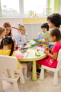 adults doing crafts with kids